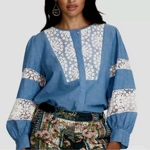 NWT Johnny Was $310 Thalassa Pieced Button Down Chambray Top Blouse Shirt Size S